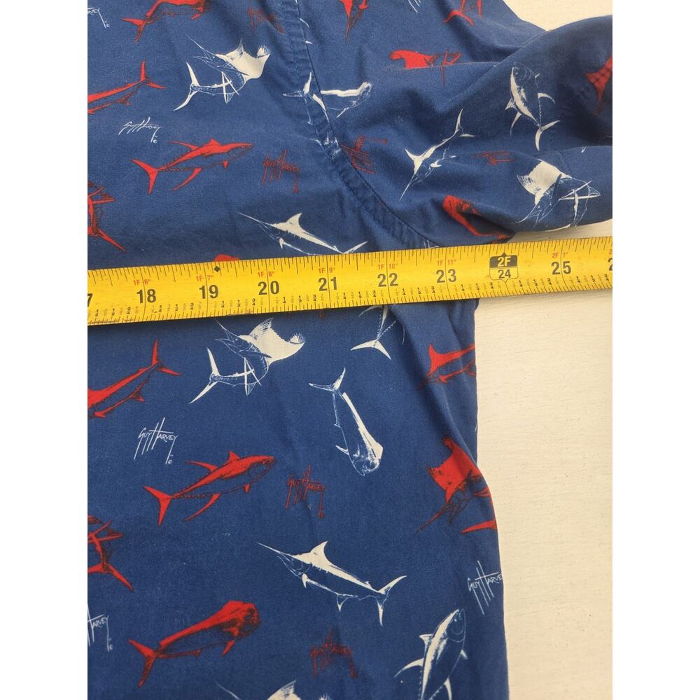 Guy Harvey Button Up Shirt Men's L Fish Print Short Sleeve Blue Marlin Tuna Mahi - Picture 6 of 7